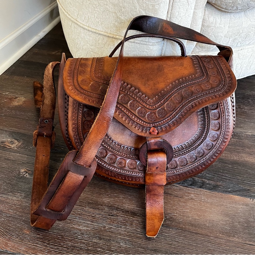 Hand Crafted Brown Tooled Leather Crossbody Saddle Bag